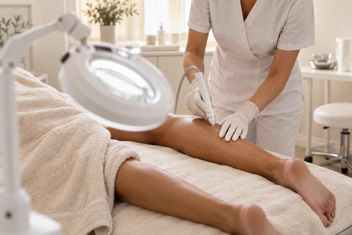 Mains gantées tenant une pièce à main fine au-dessus d&rsquo;une jambe bronzée en cabine