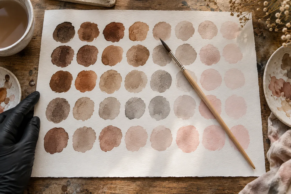Nuancier de pigments bruns, taupe et rosés peints sur une feuille de papier blanc
