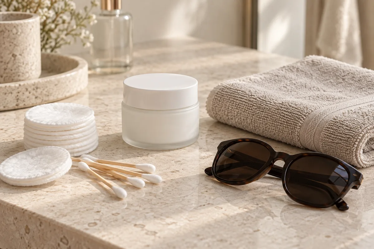 Pot de baume blanc, disques de coton et serviette pliée pour les soins après la séance
