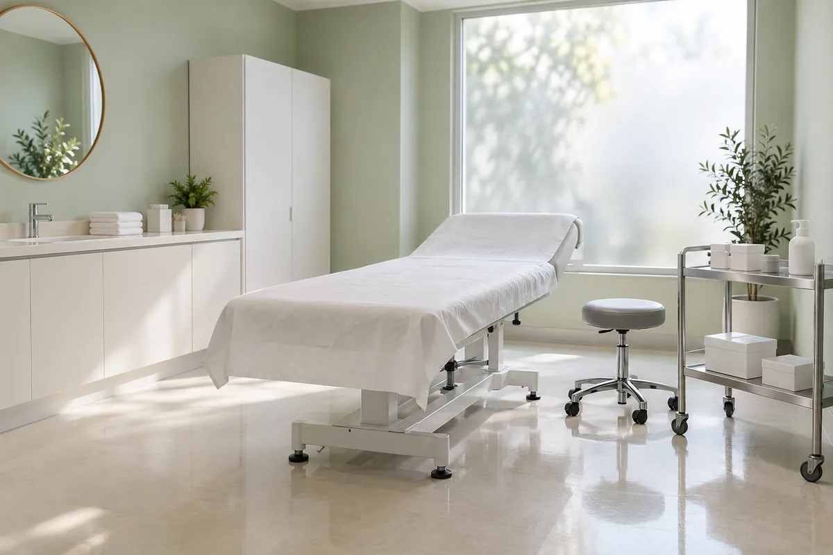 Cabine de dermopigmentation vide avec table de soin et chariot en inox