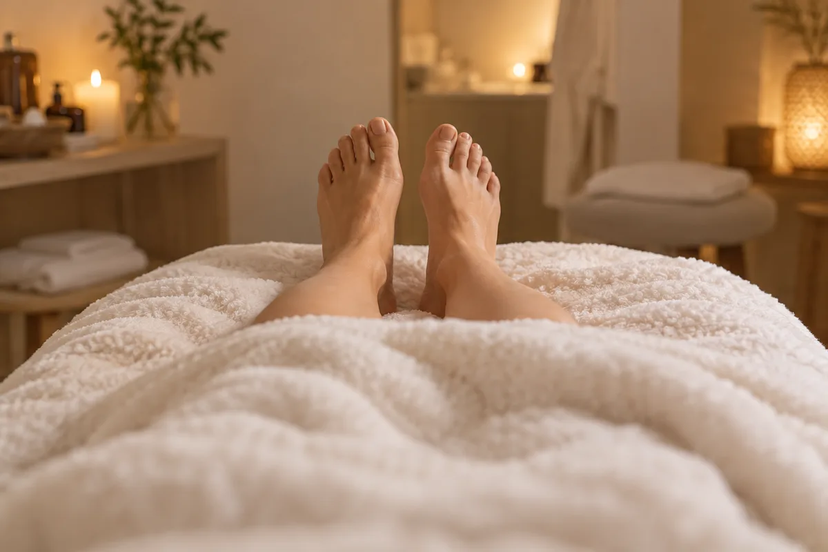 Pieds d&rsquo;une personne allongée sur un lit de soin sous une couverture blanche, vus depuis le bout du lit