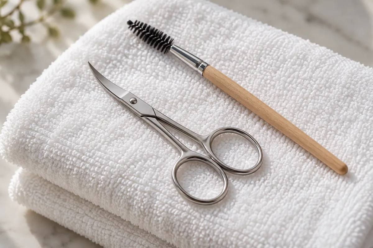 Petits ciseaux courbes et brosse à sourcils posés sur une serviette blanche